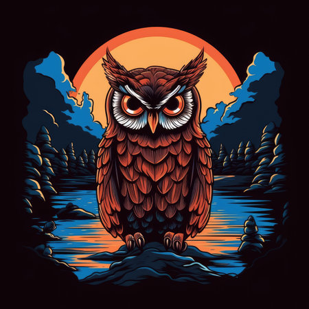 Owl in the night forest. vector illustration for your design. T-shirt print, dark background, vector flat image designe, cute cartoon artの素材