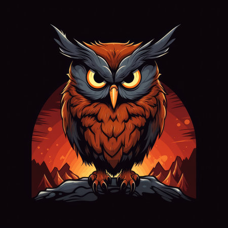 Owl on the rock. Vector illustration of a wild bird. T-shirt print, dark background, vector flat imageの素材
