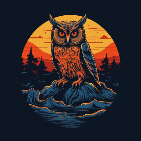 Owl on the rock at sunset. Vector illustration in retro style. T-shirt print, dark background, vector flat imageの素材