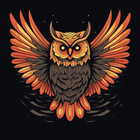 Owl with wings on black background. Vector illustration for t-shirt design. T-shirt print, dark background, vector flat imageの素材