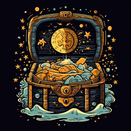 Treasure chest with moon, stars and other elements. vector illustration. T-shirt print, dark background, vector flat imageの素材