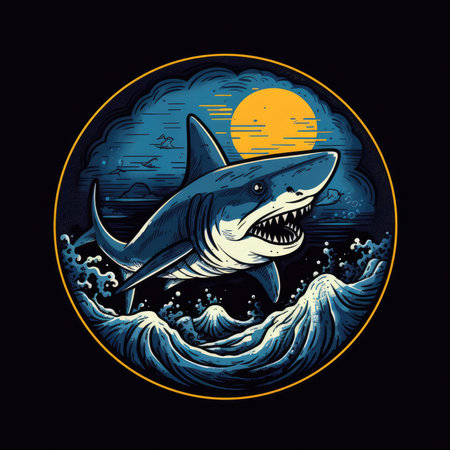 Great white shark in the ocean. Vector illustration on a dark background. T-shirt print, dark background, vector flat image designeの素材