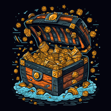 Treasure chest full of gold coins. Vector illustration in vintage style. T-shirt print, dark background, vector flat imageの素材