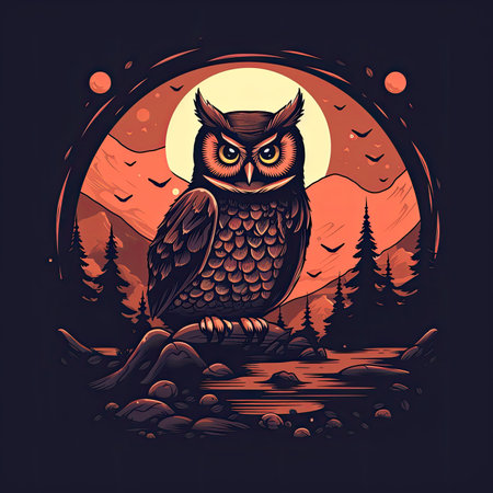 Owl on the background of the moon and the forest. vector illustration. T-shirt print, dark background, vector flat image designe, cute cartoon artの素材