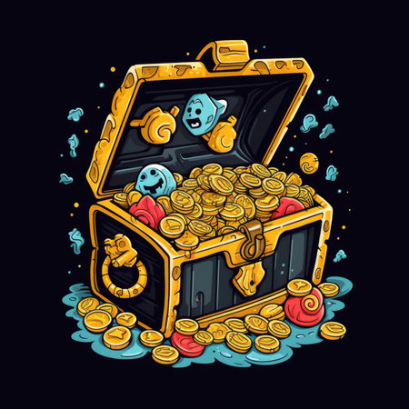 Treasure chest full of gold coins. Vector illustration in cartoon style. T-shirt print, dark background, vector flat imageの素材