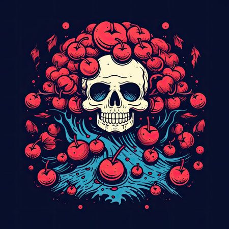 Skull with cherry on the tree. hand drawn vector illustration. T-shirt print, dark background, vector flat image designeの素材