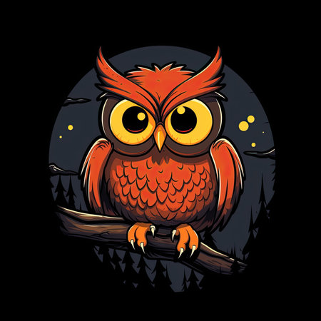 Cute owl sitting on a branch at night. vector illustration. T-shirt print, dark background, vector flat image designe, cute cartoon artの素材