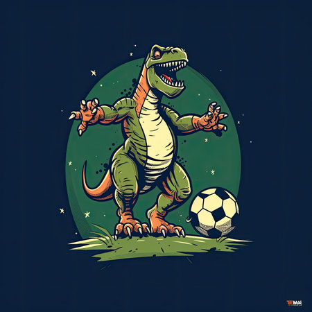 Cartoon dinosaur with soccer ball. Vector illustration for t-shirt. T-shirt print, dark background, vector flat imageの素材