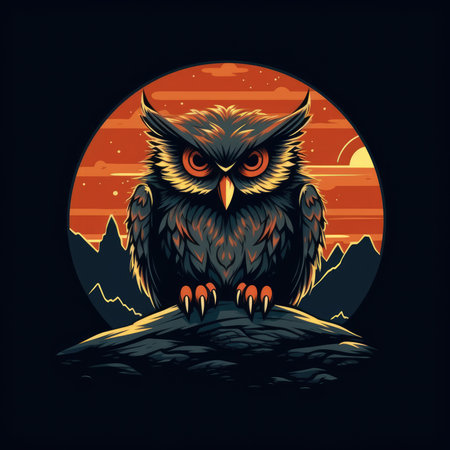 Owl on the top of the mountain at sunset. vector illustration. T-shirt print, dark background, vector flat image designeの素材