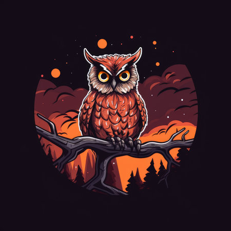 Owl on a tree in the forest. vector illustration for your design. T-shirt print, dark background, vector flat imageの素材