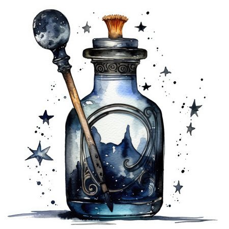 Watercolor illustration of a magic potion in a glass jar with a magic wand. Watercolor cute illustration, clipart handmade wall art, scrapbooking, book art, tattooの素材