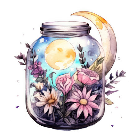 Watercolor illustration of a glass jar with flowers and crescent moon. Watercolor cute illustration, clipart handmade wall art, scrapbooking, book art, tattooの素材