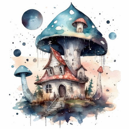Watercolor illustration of a fairy tale house with a mushroom on the roof. Watercolor cute illustration, clipart handmade wall art, scrapbooking, book art, tattooの素材