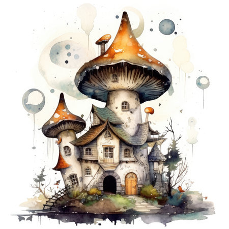 Watercolor fairy tale house with mushrooms. Hand drawn illustration isolated on white backgroundの素材