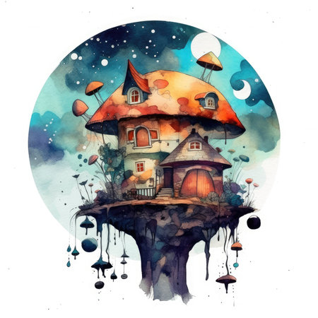 Watercolor illustration of a fairy tale house on a tree in the forest. Watercolor cute illustration, clipart handmade wall art, scrapbooking, book art, tattooの素材