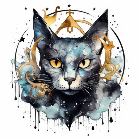 Mystic cat with golden crown, hand drawn illustration on white background. Watercolor cute illustration, clipart handmade wall art, scrapbooking, book art, tattooの素材