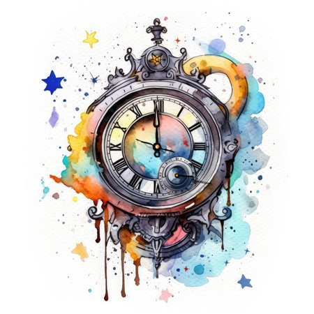 Vintage pocket watch with watercolor splashes on white background. Watercolor cute illustration, clipart handmade wall art, scrapbooking, book art, tattooの素材