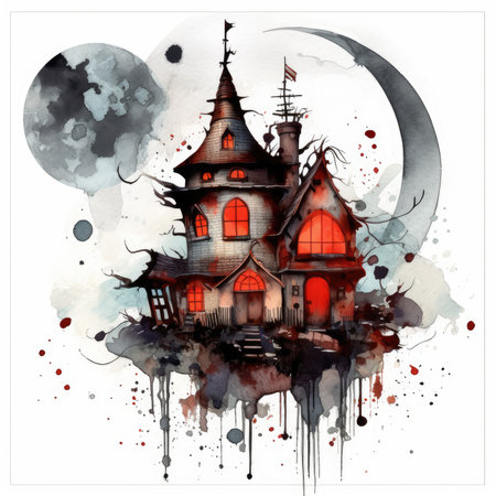 Halloween illustration with haunted house, watercolor splashes and moon. Watercolor cute illustration, clipart handmade wall art, scrapbooking, book art, tattooの素材