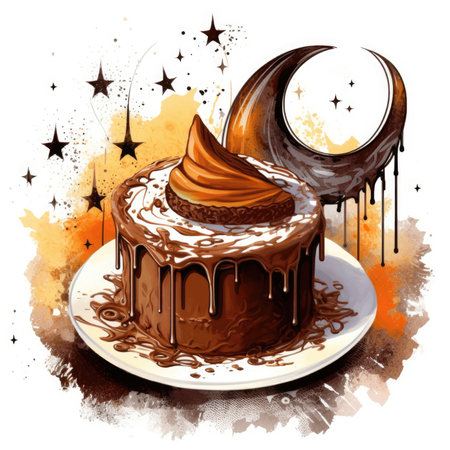 Illustration of a chocolate cake with a crescent moon and stars. Watercolor cute illustration, clipart handmade wall art, scrapbooking, book art, tattooの素材