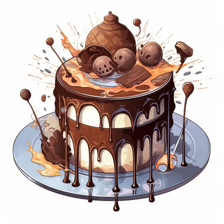 Chocolate cake with whipped cream and chocolate balls. vector illustration. Watercolor cute illustration, clipart handmade wall art, scrapbooking, book art, tattooの素材