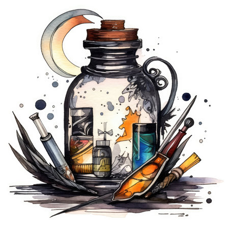 Watercolor illustration of a magic potion bottle with a crescent moon, . Watercolor cute illustration, clipart handmade wall art, scrapbooking, book art, tattooの素材