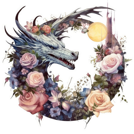 Watercolor dragon with flowers and moon. illustration for your design. Watercolor cute illustration, clipart handmade wall art, scrapbooking, book art, tattooの素材