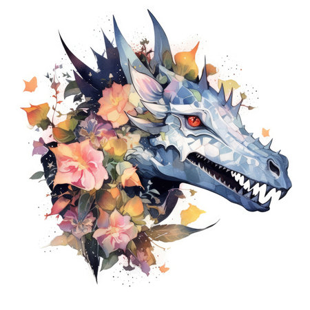 Dragon head with flowers and leaves. watercolor illustration on white background. Watercolor cute illustration, clipart handmade wall art, scrapbooking, book art, tattooの素材