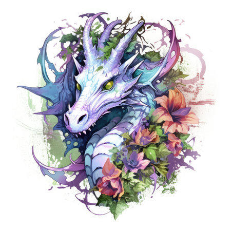 Dragon head with flowers. Watercolor illustration isolated on white background. Watercolor cute illustration, clipart handmade wall art, scrapbooking, book art, tattooの素材