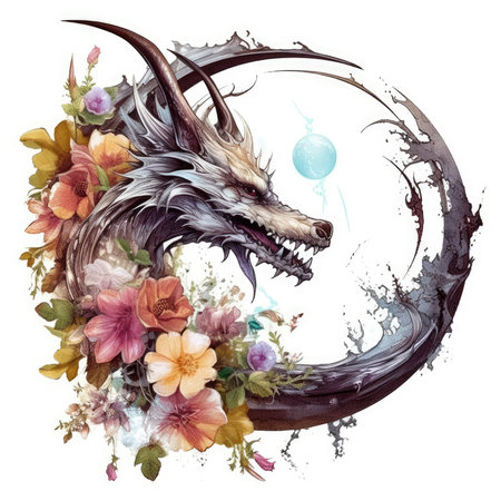 Watercolor dragon head with flowers. Hand drawn illustration isolated on white background. Watercolor cute illustration, clipart handmade wall art, scrapbooking, book art, tattooの素材