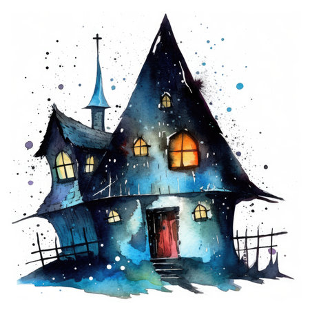 Hand drawn watercolor illustration of a Halloween haunted house. isolated. Watercolor cute illustration, clipart handmade wall art, scrapbooking, book art, tattooの素材