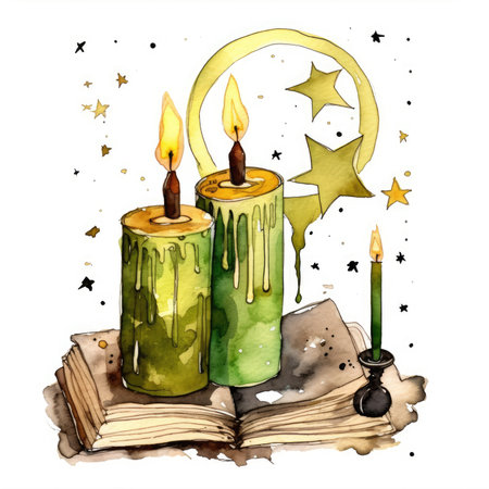 Watercolor illustration of a magic book with three candles and a star. Watercolor cute illustration, clipart handmade wall art, scrapbooking, book artの素材