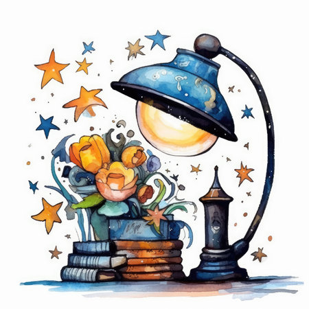 Hand drawn watercolor illustration of a night lamp with a bouquet of tulips. Watercolor cute illustration, clipart handmade wall art, scrapbooking, book artの素材