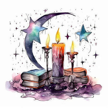 Hand drawn watercolor illustration of magic books, candles and stars. Watercolor cute illustration, clipart handmade wall art, scrapbooking, book artの素材