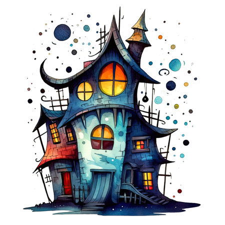 Halloween haunted house. Watercolor illustration isolated on white background. Watercolor cute illustration, clipart handmade wall art, scrapbooking, book artの素材