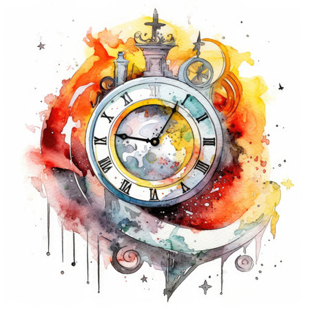 Watercolor illustration of an old clock on a colorful watercolor background. Watercolor cute illustration, clipart handmade wall art, scrapbooking, book artの素材