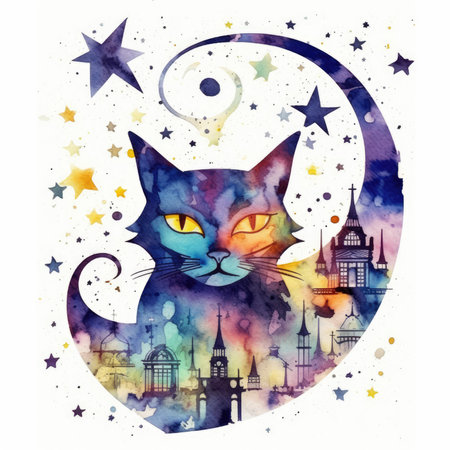 Watercolor illustration of a cat with a moon and night sky. Watercolor cute illustration, clipart handmade wall art, scrapbooking, book artの素材