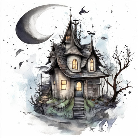 Halloween watercolor illustration with haunted house and moon on the sky. Watercolor cute illustration, clipart handmade wall art, scrapbooking, book artの素材