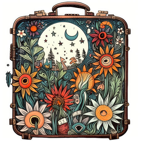 Vintage suitcase with flowers, moon and stars. vector illustration. Watercolor cute illustration, clipart handmade wall art, scrapbooking, book artの素材