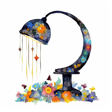 Watercolor night lamp and flowers. Hand painted illustration on white background. Watercolor cute illustration, clipart handmade wall art, scrapbooking, book artの素材