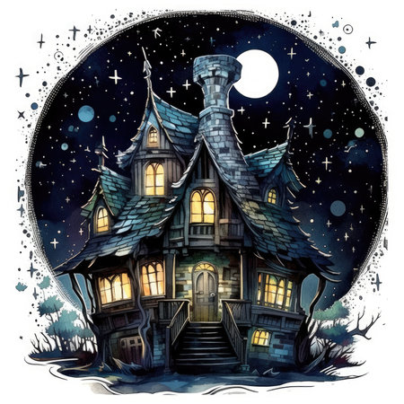 Hand drawn illustration of a fairy-tale house on the full moon. Watercolor cute illustration, clipart handmade wall art, scrapbooking, book artの素材