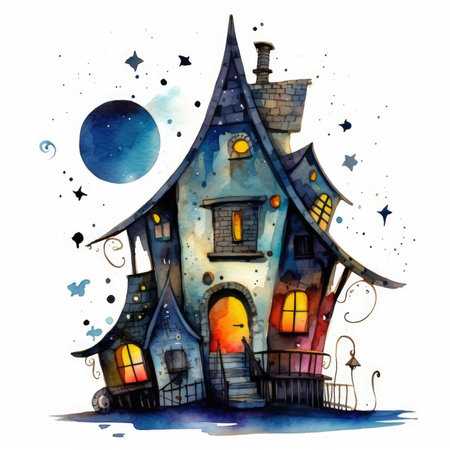 Watercolor hand drawn illustration of a cute fairy tale house in the moonlight. Watercolor cute illustration, clipart handmade wall art, scrapbooking, book artの素材