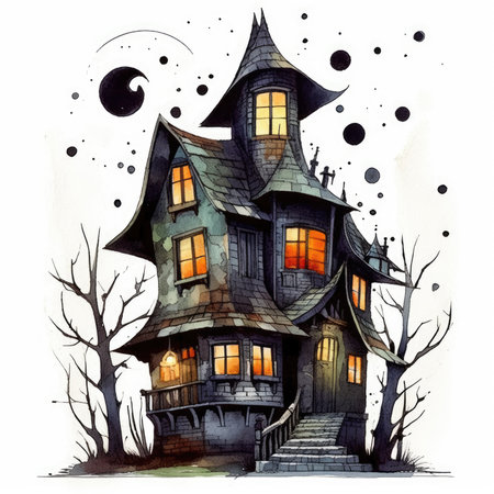 Halloween haunted house. Hand drawn watercolor illustration on white background. Watercolor cute illustration, clipart handmade wall art, scrapbooking, book artの素材