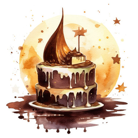 Watercolor hand drawn illustration of a birthday cake with chocolate and stars. Watercolor cute illustration, clipart handmade wall art, scrapbooking, book artの素材