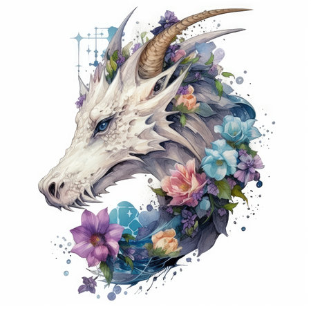 Watercolor unicorn head with flowers. Hand drawn illustration isolated on white background. Watercolor cute illustration, clipart handmade wall art, scrapbooking, book artの素材