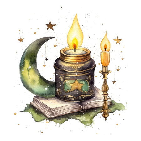 Hand drawn watercolor illustration of a crescent, candle and book. Watercolor cute illustration, clipart handmade wall art, scrapbooking, book artの素材