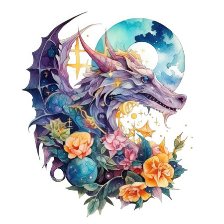Watercolor dragon with flowers, moon and stars. watercolor illustration. Watercolor cute illustration, clipart handmade wall art, scrapbooking, book artの素材