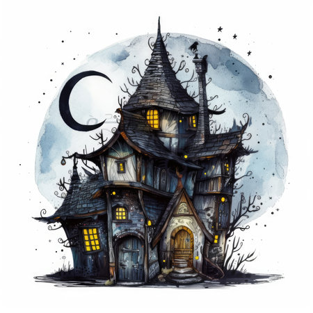 Hand drawn watercolor illustration of a haunted house on a full moon background. Watercolor cute illustration, clipart handmade wall art, scrapbooking, book artの素材