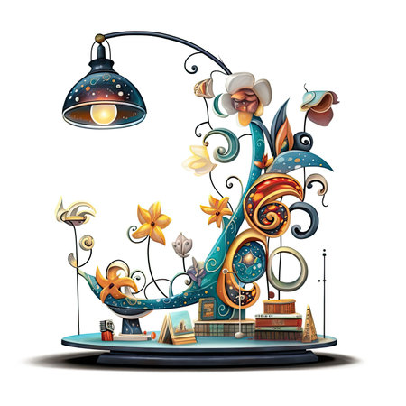 Illustration of a vintage lamp on the background of the city. Watercolor cute illustration, clipart handmade wall art, scrapbooking, book artの素材