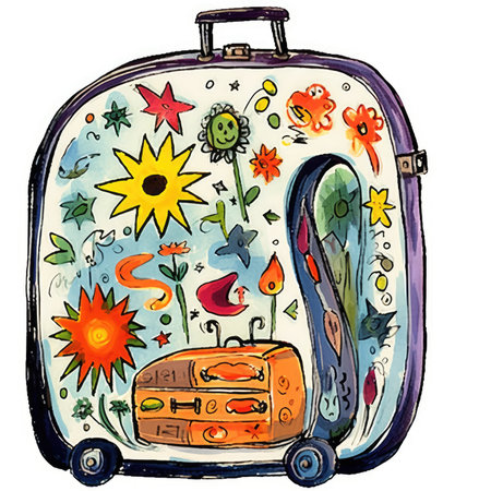 Suitcase with hand drawn doodle elements. vector illustration. Watercolor cute illustration, clipart handmade wall art, scrapbooking, book artの素材