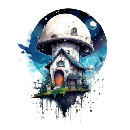 Mushroom house on watercolor background. watercolor illustration. Watercoloroc cute illustration, clipart handmade wall art, scrapbookingの素材